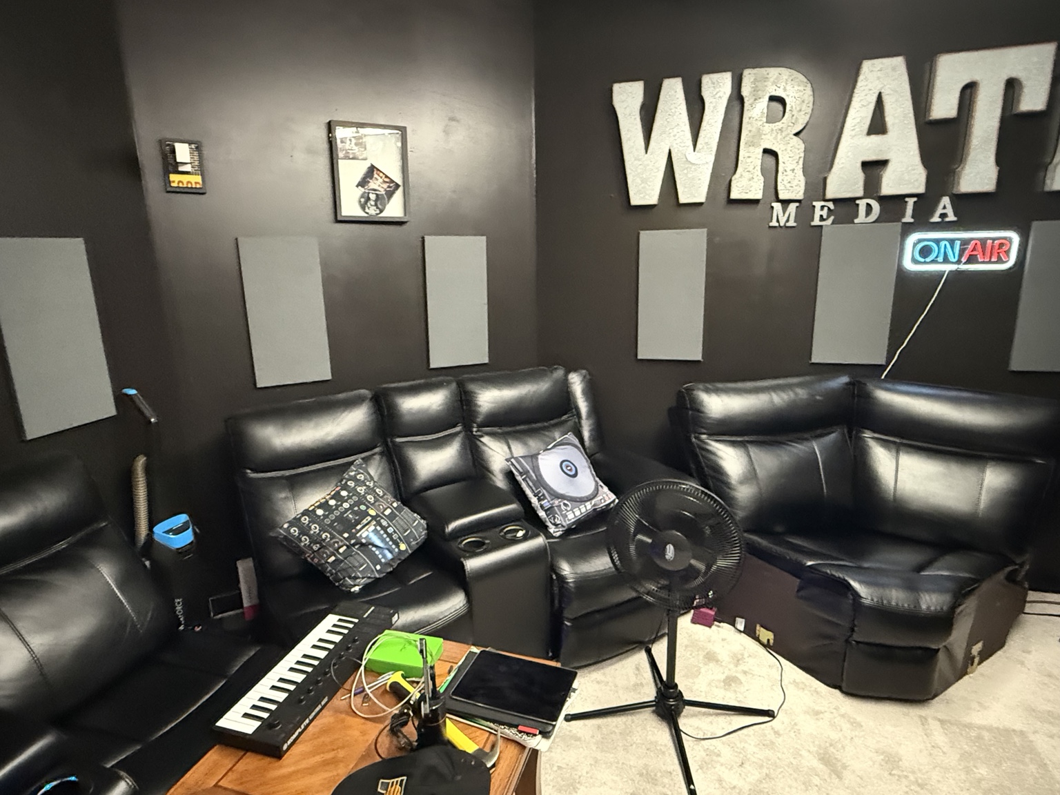 Seating and sound panels in the Wrath Studio room
