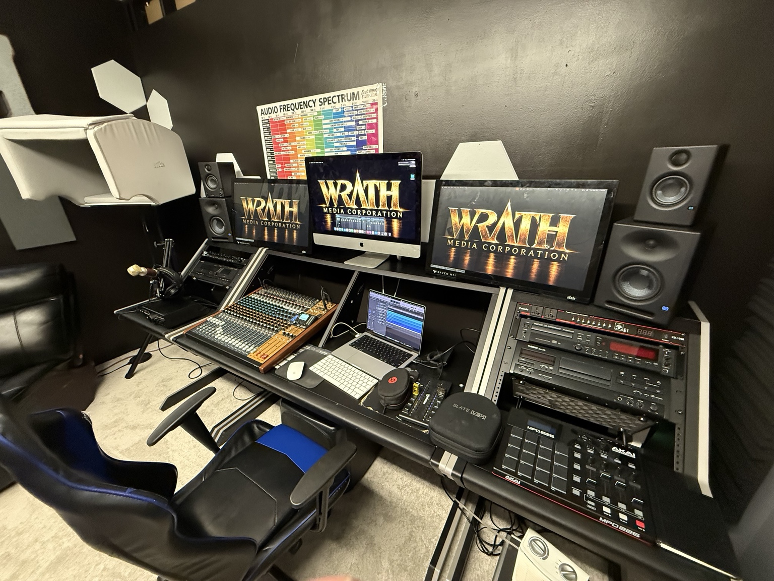 Wrath Studio recording console, computers, monitors, and Akai beat machine